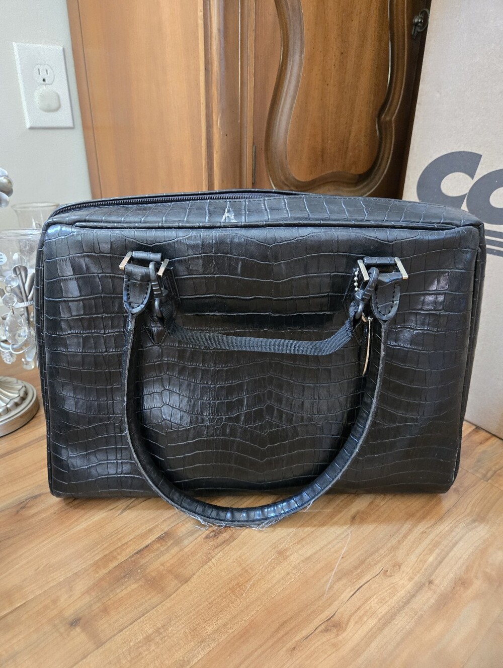 Black Croc-Embossed Leather Laptop Bag